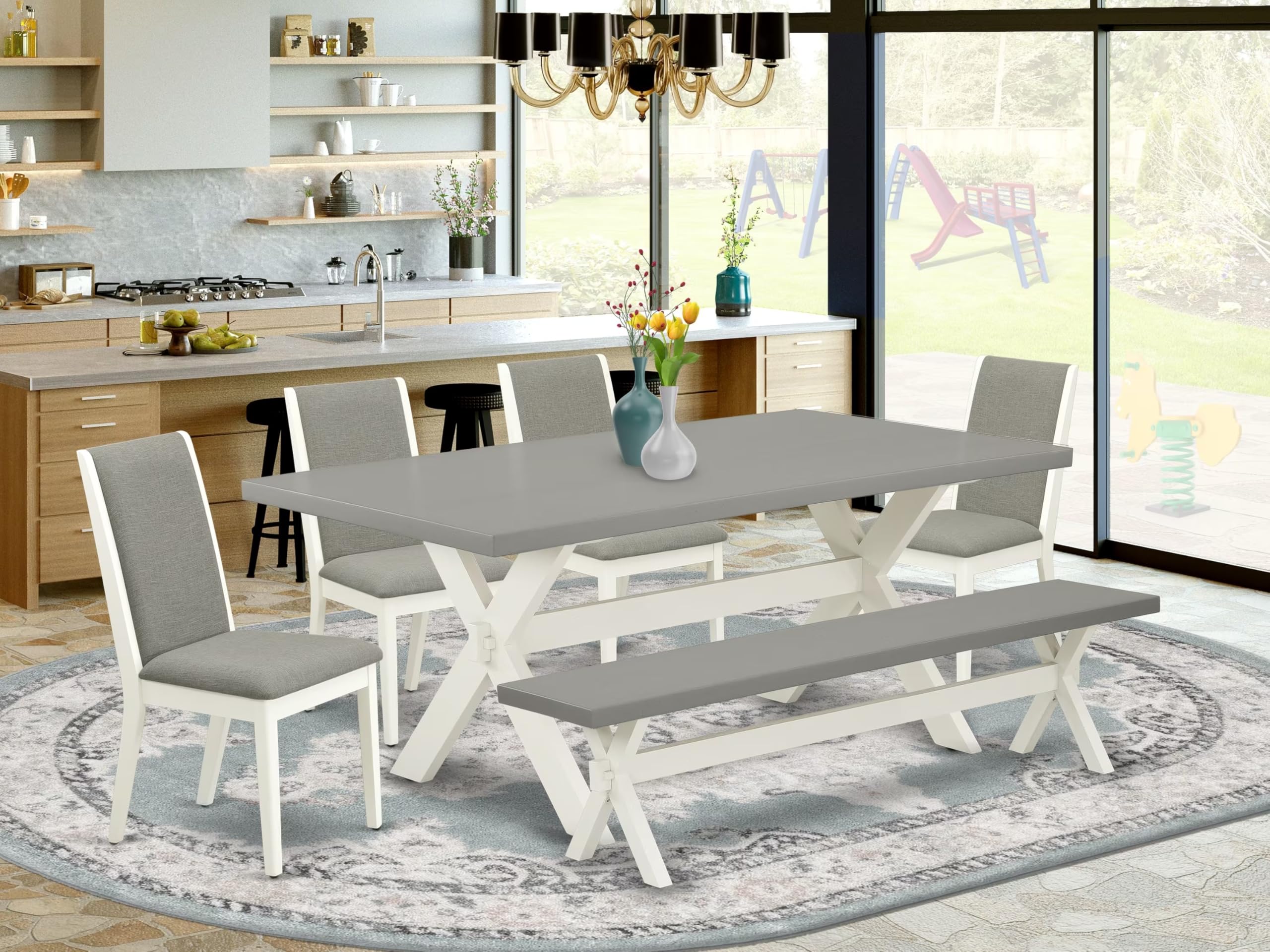 East West Furniture X097La206-6 6 Piece Modern Dining Table Set Contains A Rectangle Wooden Table With X-Legs And 4 Shitake Linen Fabric Parson Chairs With A Bench, 40X72 Inch, Multi-Color